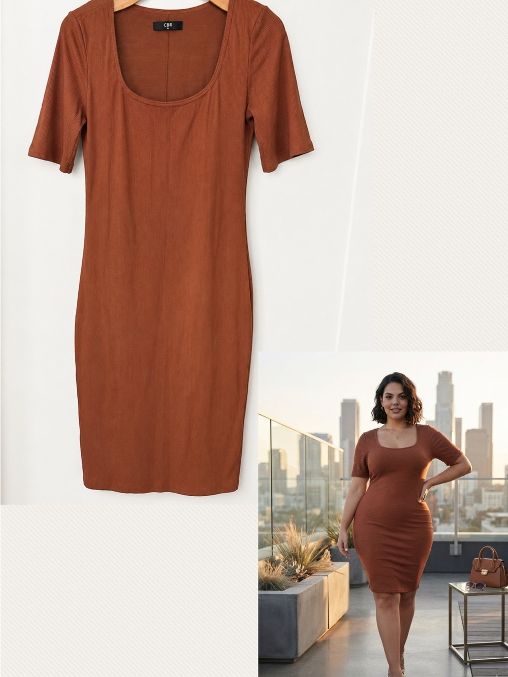 CBR Rust Midi Scoop Neck Bodycon Dress